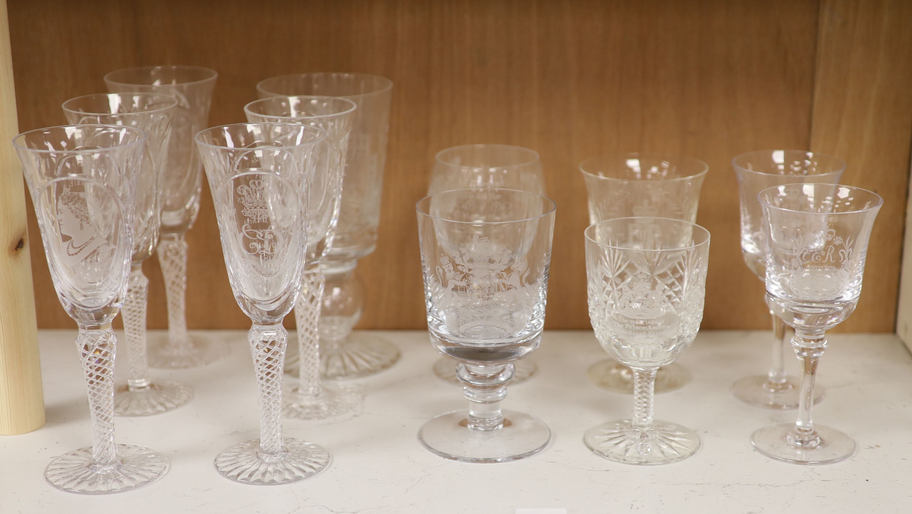 Twelve commemorative glass goblets